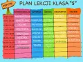 Plan lekcji klasy 5: matematyka, polski, historia, muzyka, technika, wychowanie fizyczne, informatyka, etyka, taniec, kultura, religia, plastyka, angielski, francuski, przyroda.
