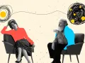 Kobieta i starszy mężczyzna siedzą w fotelach, a nad nimi wirujące linie symbolizują chaos myśli. Tak może wyglądać to, co czuje dziecko z ADHD.