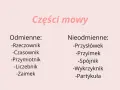 Tabela przedstawia podział na części mowy: odmienne (rzeczownik, czasownik, przymiotnik, liczebnik, zaimek) i nieodmienne (przysłówek, przyimek, spójnik, wykrzyknik, partykuła).