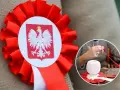 Jak zrobić kotylion: czerwono-biała kokarda z orłem, obok ręce tworzące podobny wzór z nici i nożyczek.