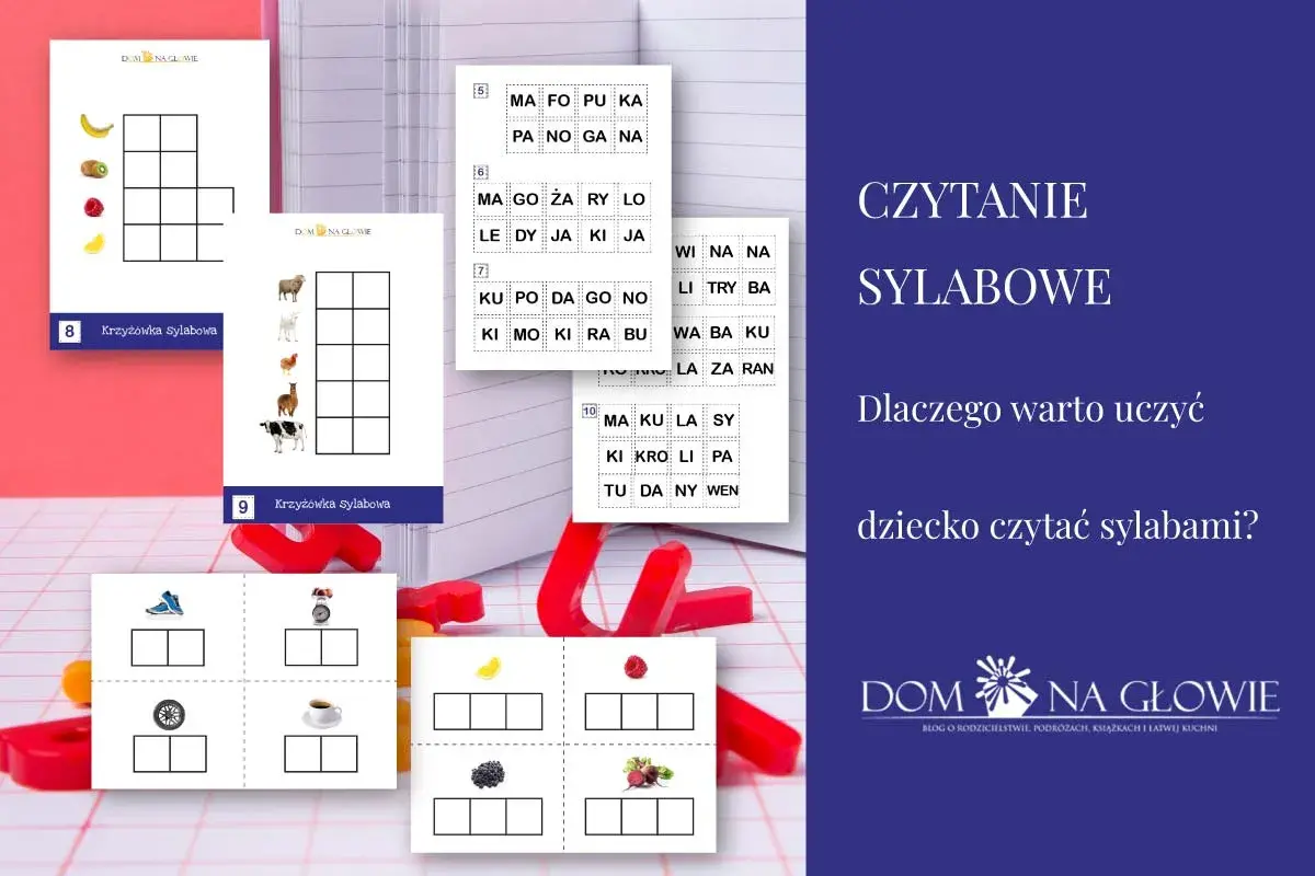 Karty pracy do nauki czytania sylabami: krzyżówki ze zwierzętami, owocami i przedmiotami.