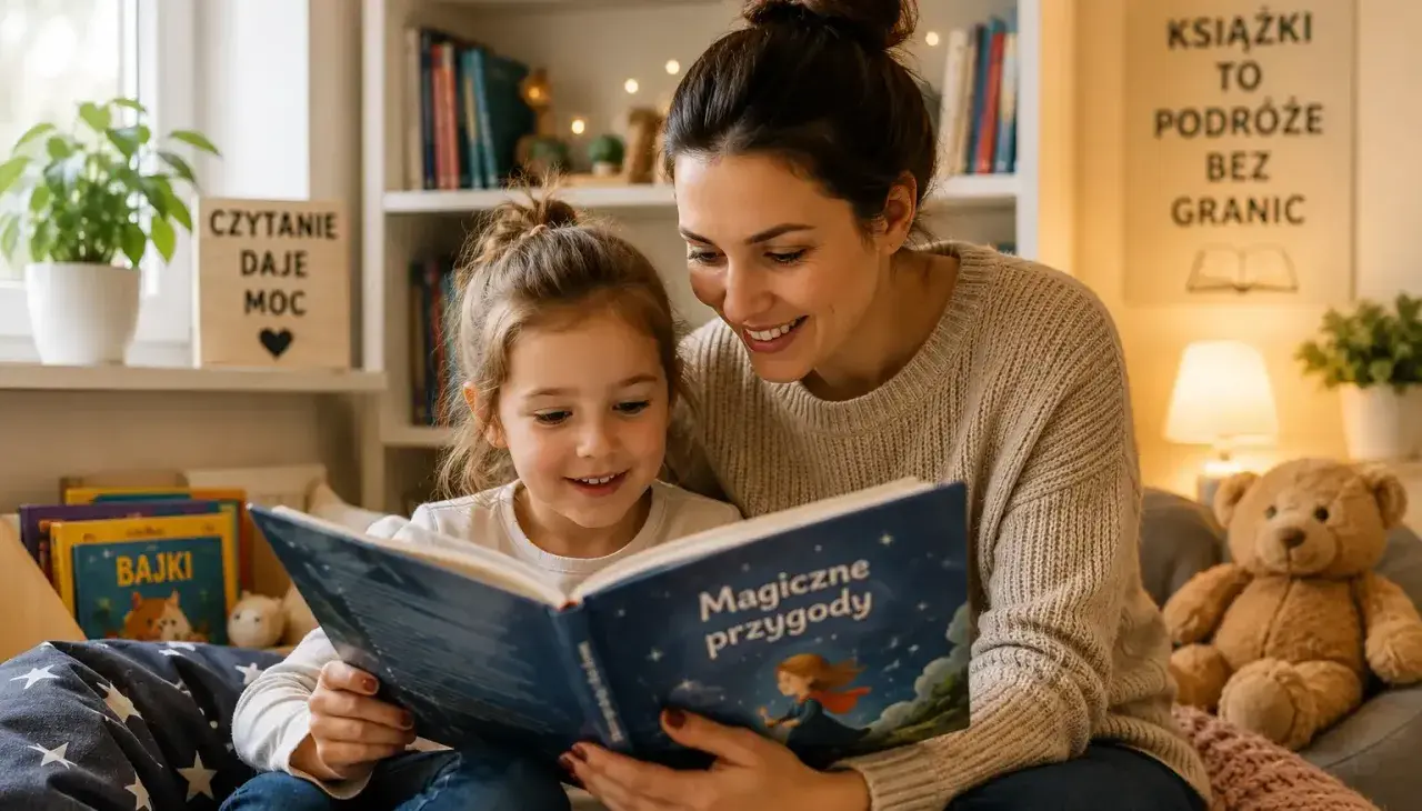 Uśmiechnięta mama czyta dziecku książkę o magicznych przygodach.