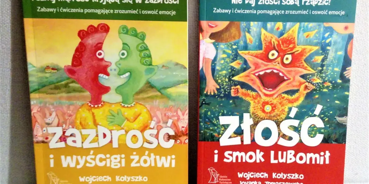 Dwie książki dla dzieci: "Zazdrość i wyścigi żółwi" oraz "Złość i smok LuBomit". To filmy animowane o emocjach, które pomagają je zrozumieć.