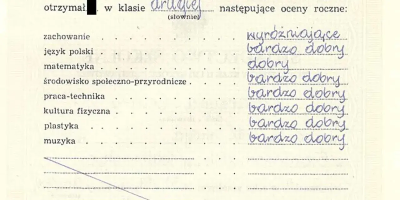 Świadectwo z drugie klasy z ocenami rocznymi: wyróżniające, bardzo dobry, dobry.