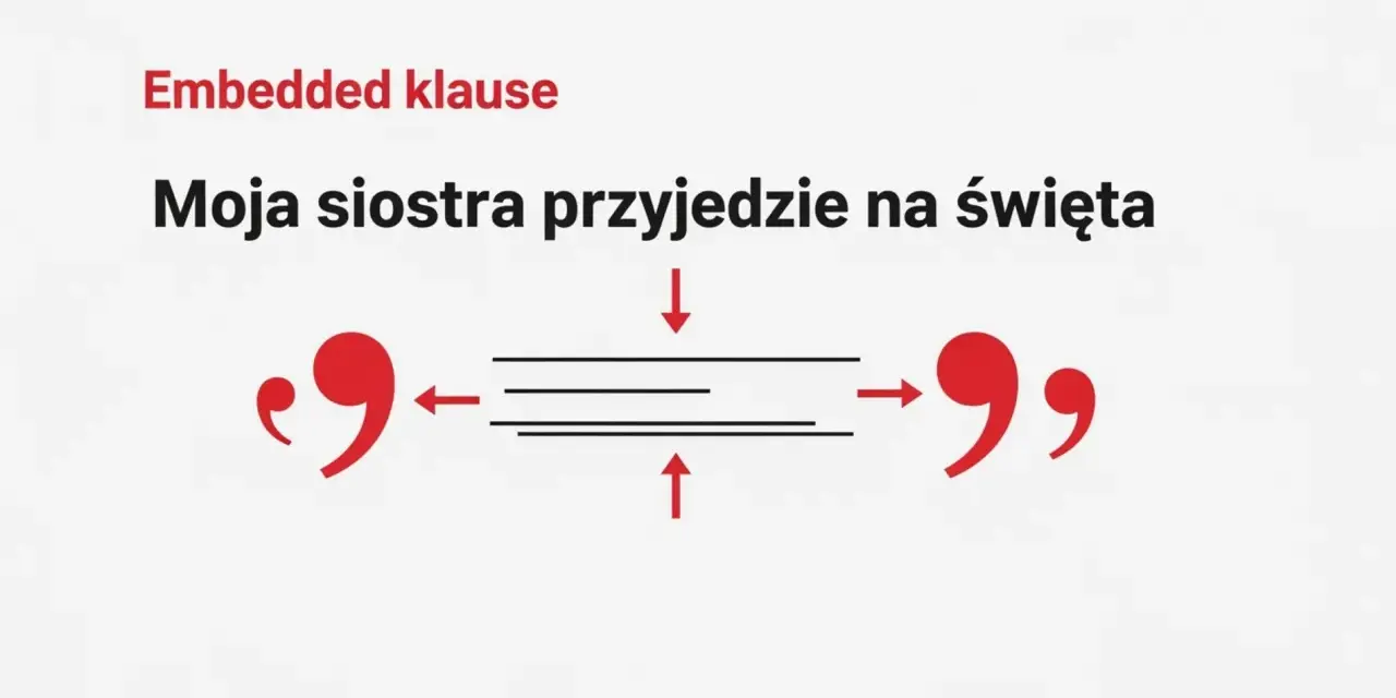 Moja siostra przyjedzie na święta" - czy przed "że" stawiamy przecinek? Grafika ilustruje zdanie z wtrąceniem.