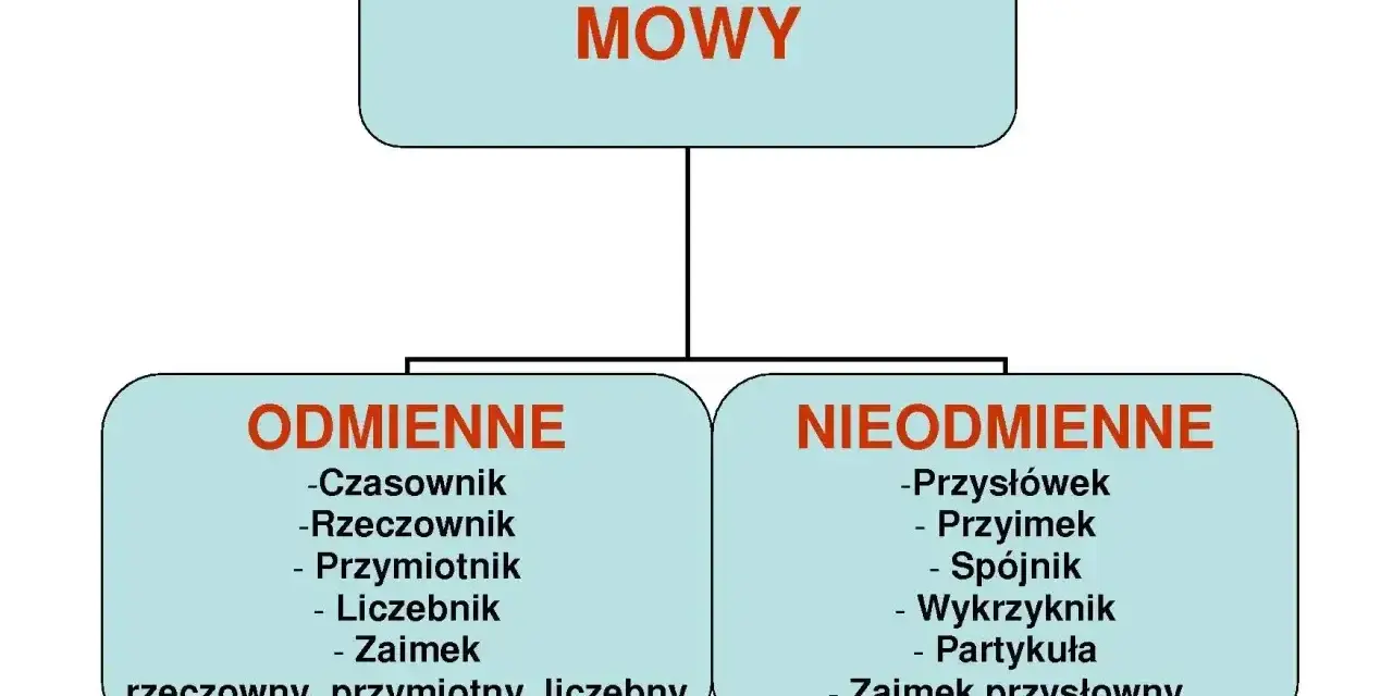 Schemat podziału części mowy na odmienne i nieodmienne.