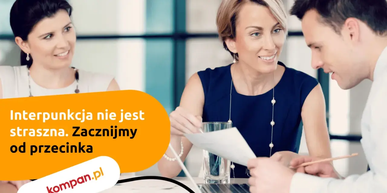 Trzy osoby dyskutują przy biurku. Kobieta w granatowej sukience podaje dokumenty, a napis głosi: "Interpunkcja nie jest straszna. Zacznijmy od przecinka".