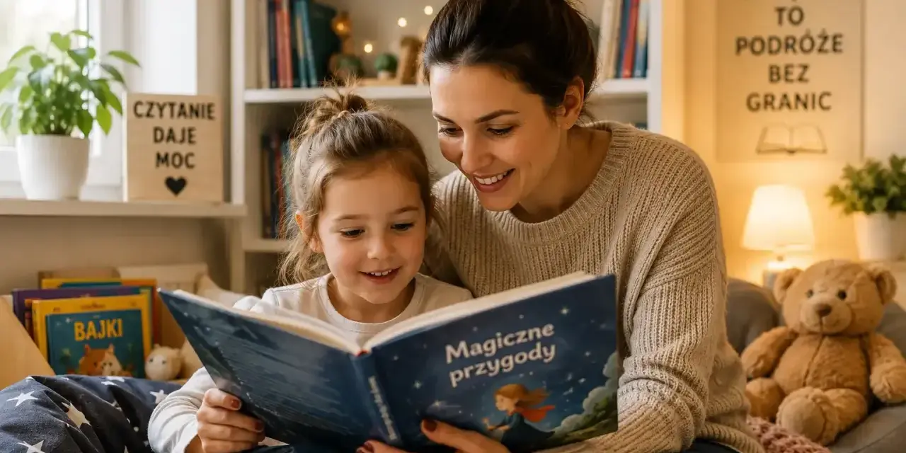 Uśmiechnięta mama czyta dziecku książkę o magicznych przygodach.