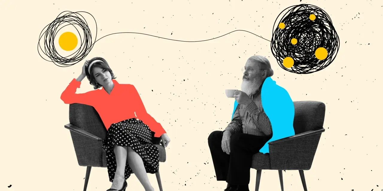 Kobieta i starszy mężczyzna siedzą w fotelach, a nad nimi wirujące linie symbolizują chaos myśli. Tak może wyglądać to, co czuje dziecko z ADHD.