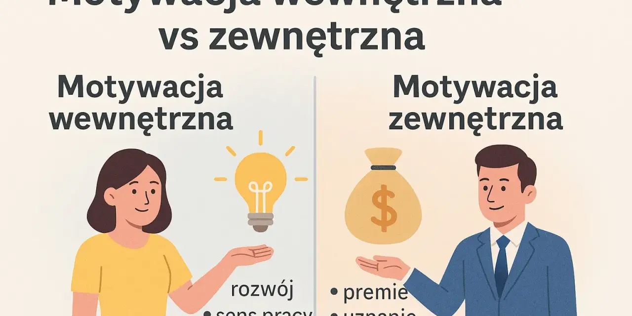 Kobieta z żarówką symbolizuje motywację wewnętrzną (rozwój, sens, autonomia), mężczyzna z sakiewką pieniędzy - motywację zewnętrzną (premie, uznanie, awanse).