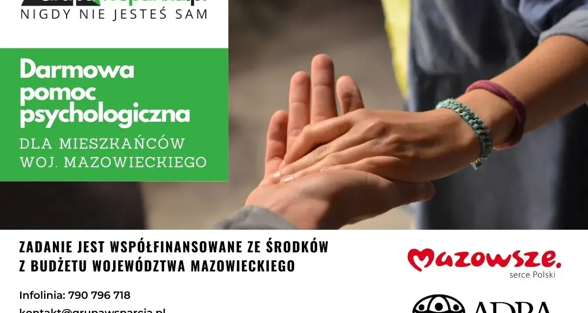 Darmowe porady psychologiczne dla Mazowszan. Grupa Wsparcia.pl oferuje pomoc. Nigdy nie jesteś sam.