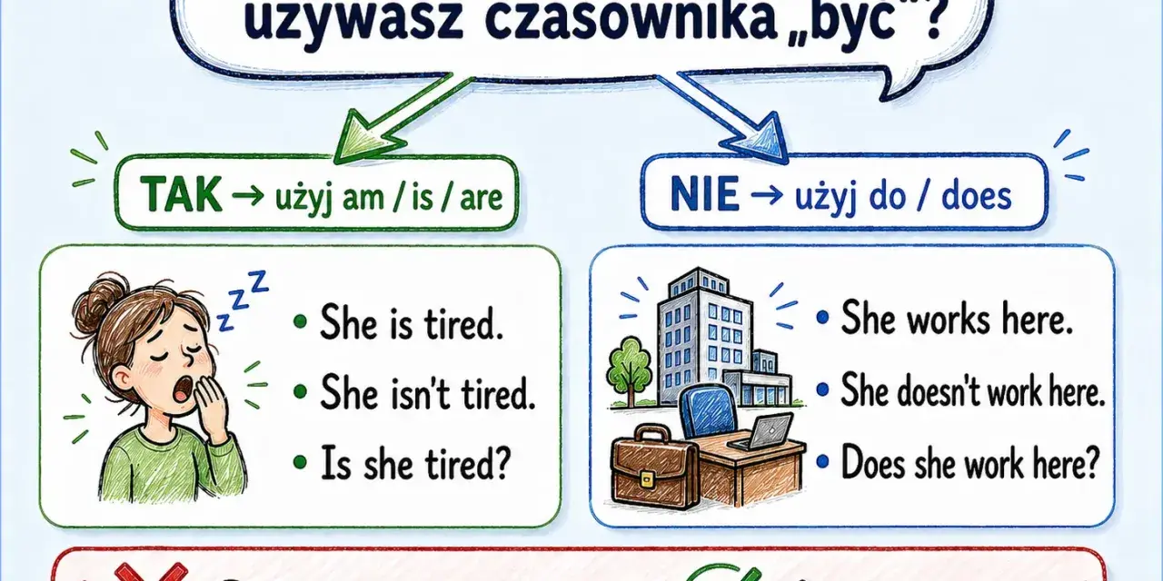 Uczymy się, kiedy używać czasownika "być" (am, is, are) i kiedy "do/does". Przykład: "She is tired" vs "She works here".