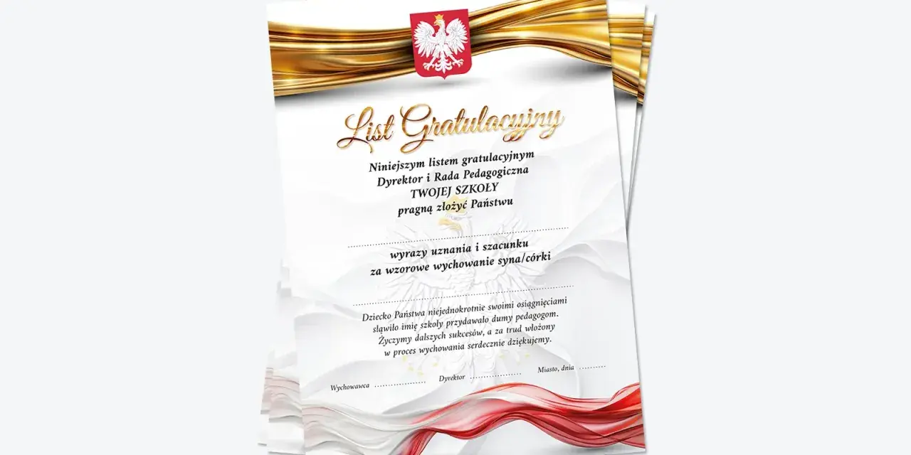 List gratulacyjny od dyrektora i rady pedagogicznej dla rodziców za wzorowe wychowanie. Podziękowania i życzenia sukcesów.