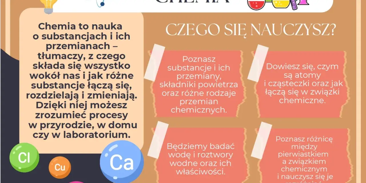 W 7 klasie poznasz substancje, atomy, cząsteczki, pierwiastki i związki chemiczne. Dowiesz się, jak powstają i jakie mają właściwości.