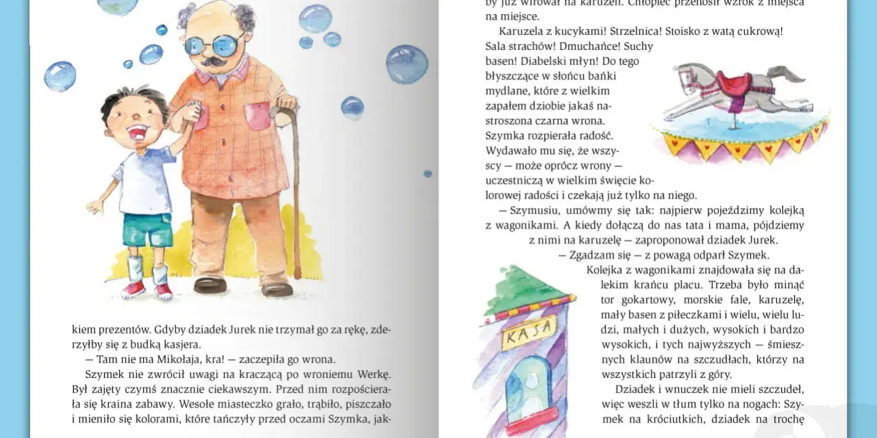Ilustracja z bajki terapeutycznej: uśmiechnięty chłopiec trzyma dziadka za rękę, obok latają bańki. W tle wesołe miasteczko.