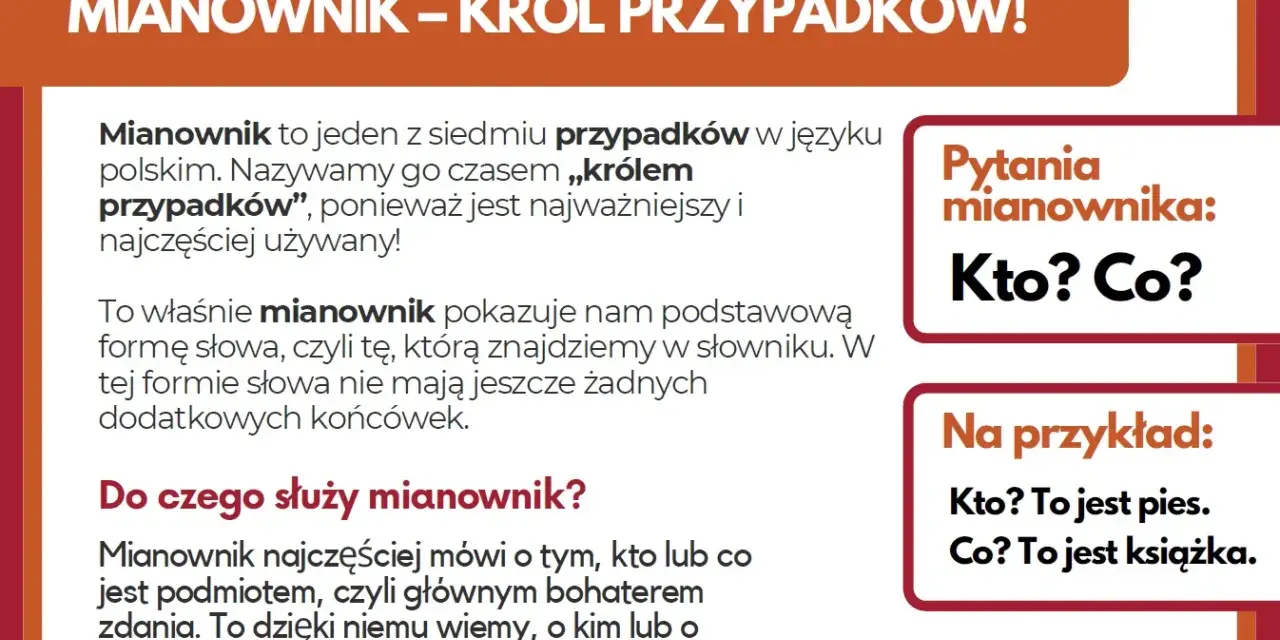 Mianownik, król przypadków, odpowiada na pytania "Kto? Co?". Pokazuje podstawową formę słowa, np. "pies", "książka".