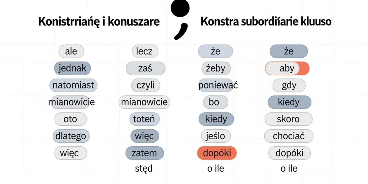 Tabela z wyrazami, które pomagają zrozumieć, czy przed danym słowem, np. "aby", stawiamy przecinek.