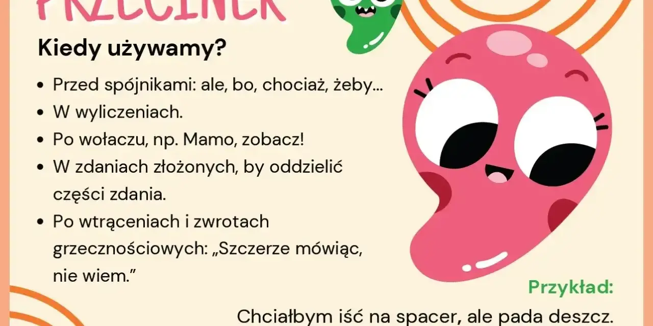 Ilustracja wyjaśnia, kiedy stawiamy przecinek. W przykładzie: "Chciałbym iść na spacer, ale pada deszcz.