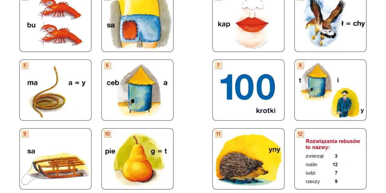 Rysunki z literami i cyframi tworzą zagadki. Na przykład: dwa homary "bu" i "sa" to "busa". Co to jest?