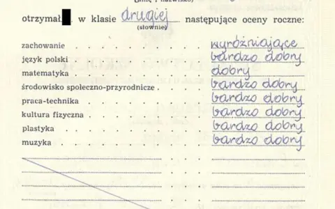 Świadectwo z drugie klasy z ocenami rocznymi: wyróżniające, bardzo dobry, dobry.