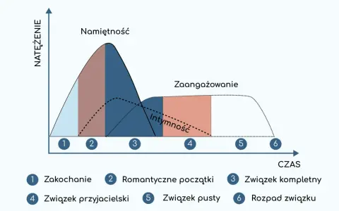 Wykres przedstawia etapy związku: od zauroczenia, przez romantyczne początki, związek kompletny, przyjacielski, pusty, aż po rozpad.