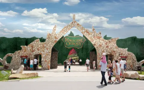 Kamienna brama "Magiczne Ogrody" zaprasza na niezapomniane atrakcje dla młodzieży w Polsce. Rodziny wchodzą do bajkowego świata.