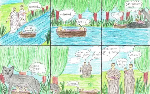 Krótki komiks dla dzieci: porzuceni bracia, wilczyca i dwaj pasterze, którzy ich ratują.