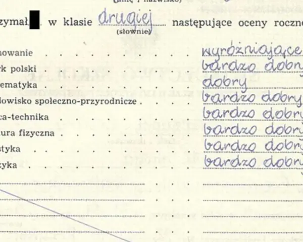 Świadectwo z drugie klasy z ocenami rocznymi: wyróżniające, bardzo dobry, dobry.