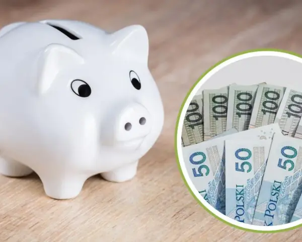 Biała świnka-skarbonka obok stosu polskich banknotów 50 i 100 zł. Ile kieszonkowego dla 15 latka?