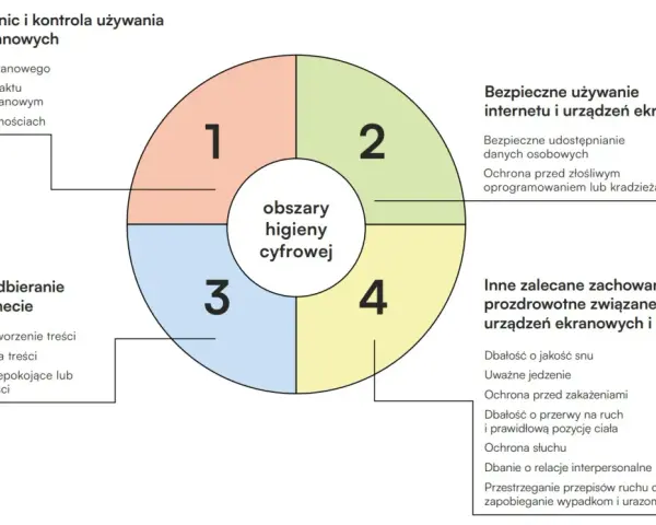 Diagram przedstawia obszary higieny cyfrowej: stawianie granic, tworzenie treści, bezpieczne używanie internetu i inne zalecane zachowania.