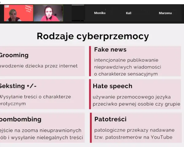 Cyberprzemoc co to? Na ekranie rodzaje cyberprzemocy: grooming, seksting, zoombombing, fake news, hate speech, patotreści.