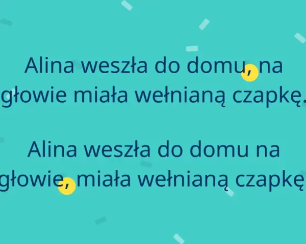 Alina weszła do domu, na głowie miała wełnianą czapkę. Wobec tego przecinek jest kluczowy dla znaczenia zdania.