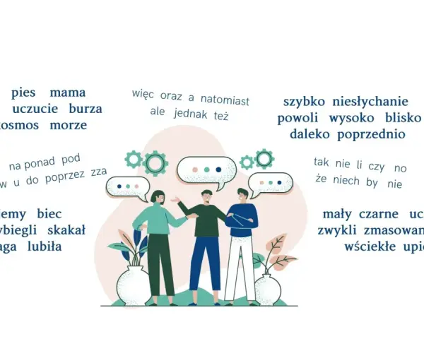 Ilustracja pokazuje ludzi rozmawiających, otoczonych słowami, które mogą być częściami mowy.