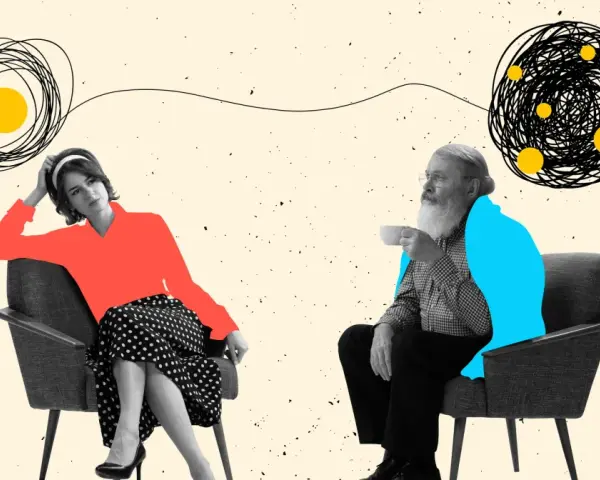 Kobieta i starszy mężczyzna siedzą w fotelach, a nad nimi wirujące linie symbolizują chaos myśli. Tak może wyglądać to, co czuje dziecko z ADHD.
