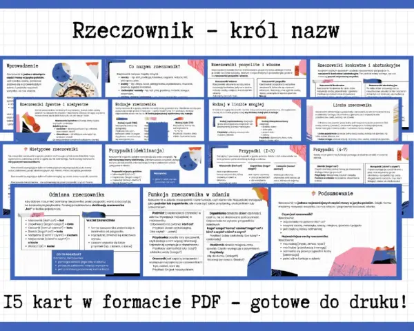 Karta pracy o rzeczowniku, królu nazw. Wyjaśnia, czym jest rzeczownik, jego rodzaje, przypadki i funkcje w zdaniu. Bez jaka to część mowy.