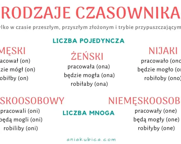 Rodzaje czasownika: męski, żeński, nijaki (l.poj.) i męskoosobowy, niemęskoosobowy (l.mn.). Czasownik to część mowy.