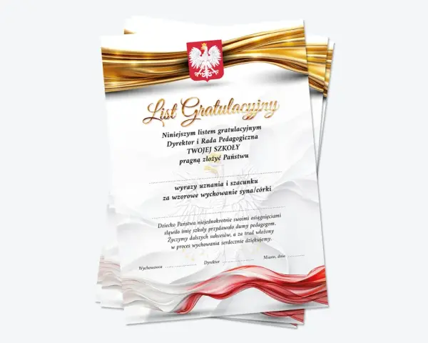 List gratulacyjny od dyrektora i rady pedagogicznej dla rodziców za wzorowe wychowanie. Podziękowania i życzenia sukcesów.