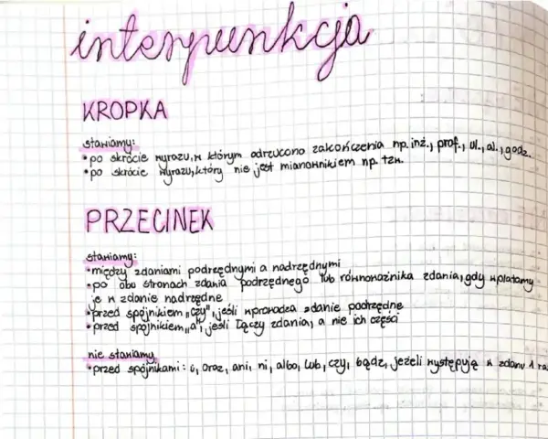 Notatki o interpunkcji: KROPKA po skrótach, PRZECINEK między zdaniami, przed "czy" jeśli wprowadza zdanie podrzędne.
