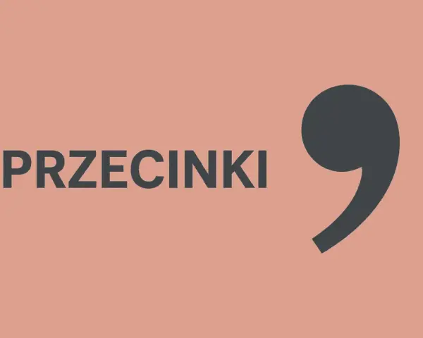 Grafika z napisem "PRZECINKI" i dużą, ciemnoszarą przecinką. Czy przed az stawiamy przecinek?