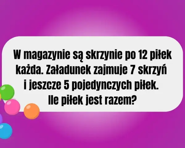 Kolorowe piłki i tekst z zadaniem matematycznym.
