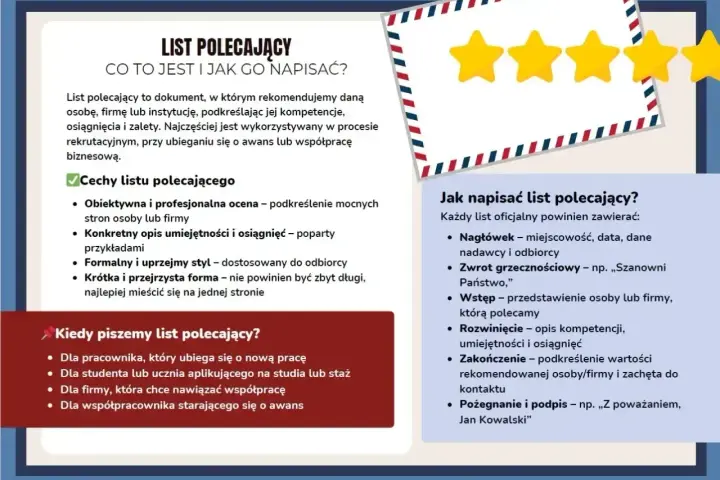 List polecający: jak napisać, kiedy go używać, cechy. Dokument rekomendujący osobę lub firmę, przydatny w rekrutacji i awansie.