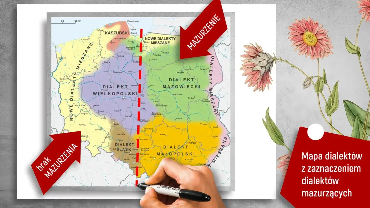 Mapa Polski z zaznaczonymi dialektami. Widać przykłady gwary wiejskiej, np. mazowiecki, wielkopolski, śląski, małopolski.