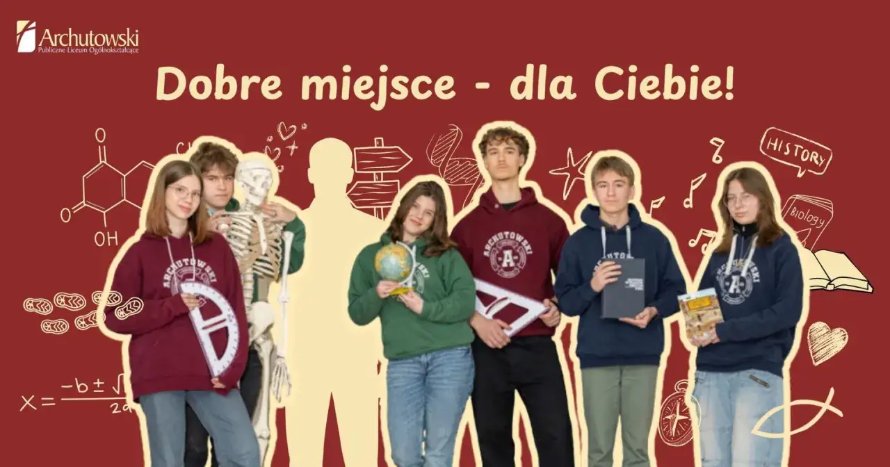 Uczniowie z atrybutami naukowymi, symbolami i hasłem 