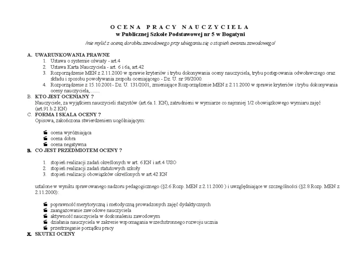 Ocena pracy nauczyciela początkującego w szkole, kryteria i skala oceny.