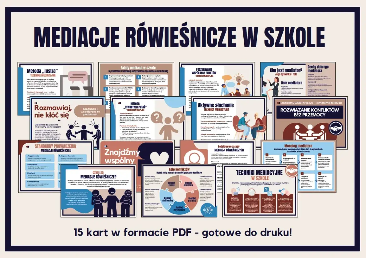 Jak rozwiązywać konflikty w klasie scenariusz: grafika przedstawia zasady mediacji rówieśniczych, techniki aktywnego słuchania i poszukiwania wspólnych punktów.