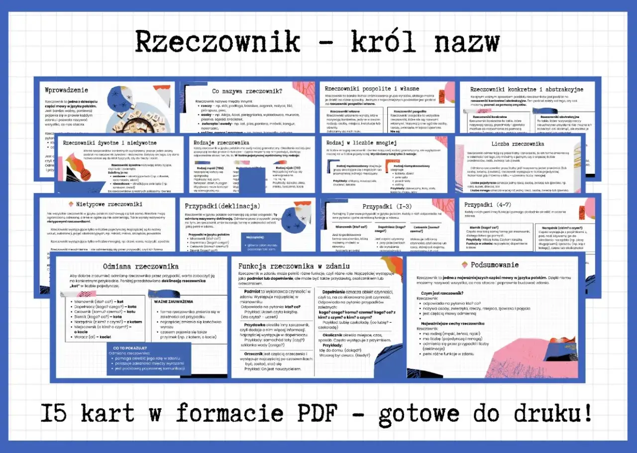 Rzeczownik to król nazw, który opisuje osoby, zwierzęta, rzeczy, miejsca i zjawiska. Poznaj jego rodzaje, liczby i przypadki.