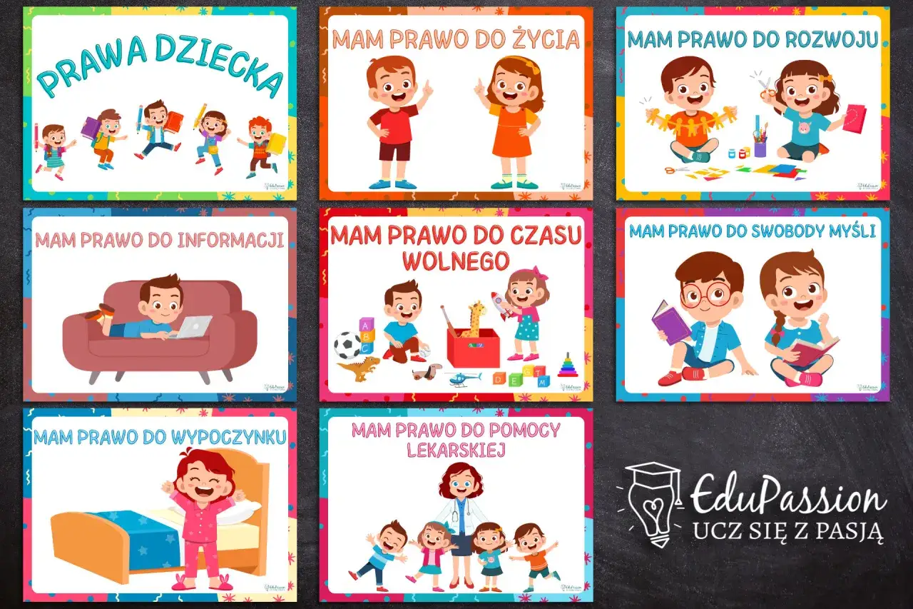 Ilustracje przedstawiają prawa i obowiązki dziecka: prawo do życia, rozwoju, informacji, czasu wolnego, wypoczynku, pomocy lekarskiej i swobody myśli.