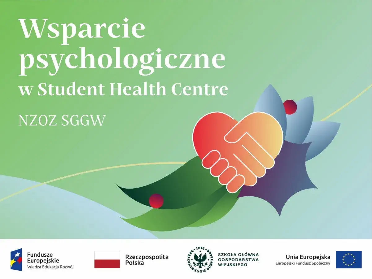 Darmowe porady psychologiczne w NZOZ SGGW. Symbol dłoni w sercu i kwiatów.