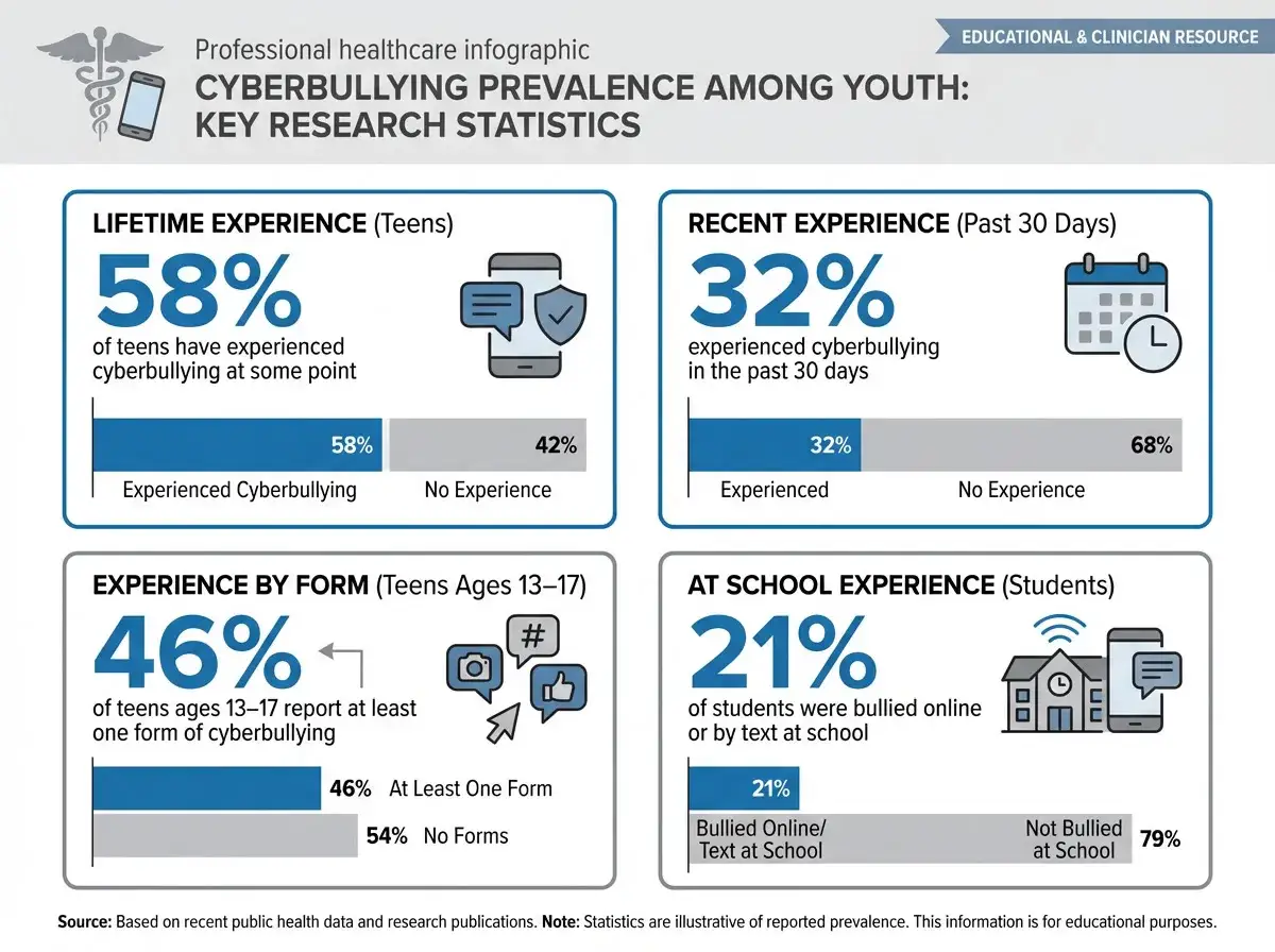 Infografika o cyberprzemocy co to: 58% nastolatków doświadczyło jej w życiu, 32% w ciągu ostatnich 30 dni. 46% zgłasza co najmniej jedną formę.