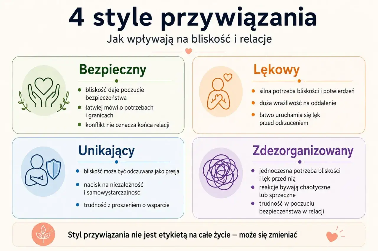 4 style przywiązania: bezpieczny, lękowy, unikający, zdezorganizowany. Poznaj je, by lepiej zaspokoić potrzebę bliskości.